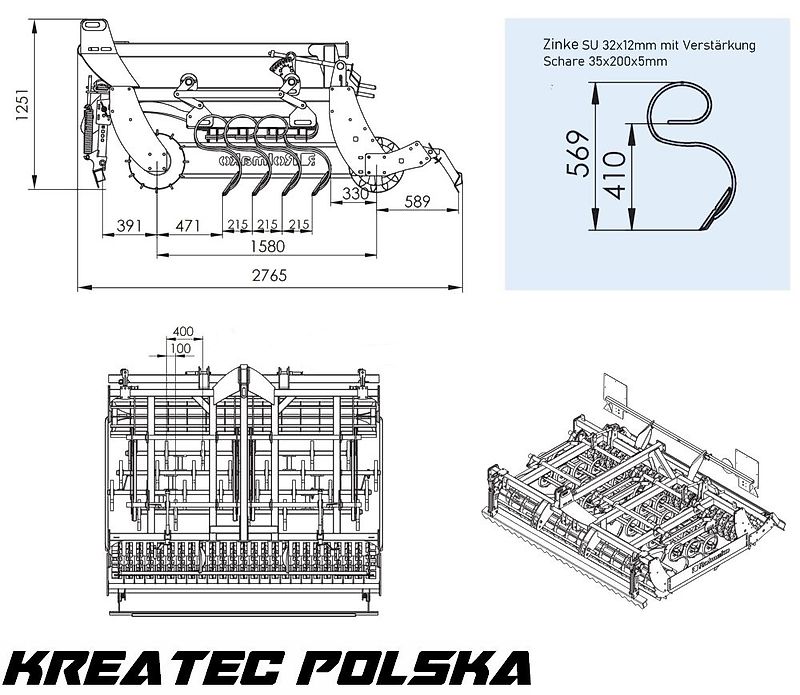 Rolmako Saatbettkombination kompakt U 684 mit Zinken SU, gehängte Version, Breiten von 2,5 m bis 6 m