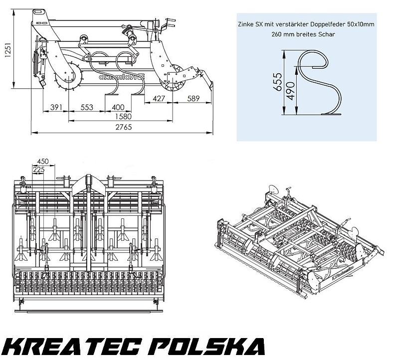Rolmako Saatbettkombination kompakt U 684 mit Zinken SX, gehängte Version, Breiten von 2,5 m bis 4,5 m